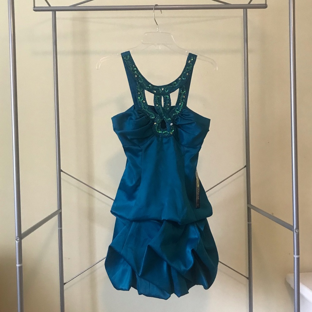 Short blue/green cocktail or prom dress.